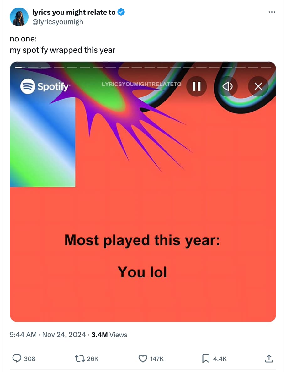 screenshot - lyrics you might relate to no one my spotify wrapped this year Spotify Lyricsyoumightrelateto Ii Most played this year You lol 3.4M Views